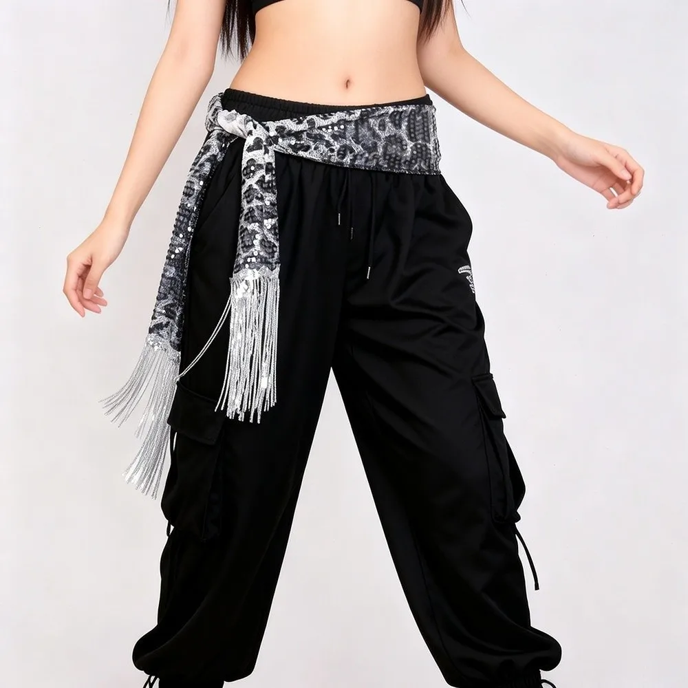 Trendy Hip-hop Leopard Print Sequin Scarf Streetwear Y2K Street Dance Belt Harajuku Jazz Dance Scarf Jeans Decor
