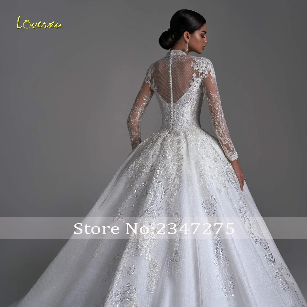 Loverxu robe De bal princesse robes De mariée col haut à manches longues Vestido De Novia dentelle perlée charmante robe De mariée sur mesure
