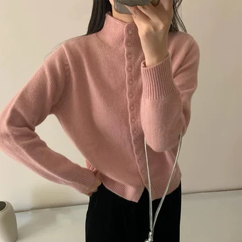 New Soft Comfortable Stand-Up Collar Sweater Cardigan Women Simple Single Breasted Cardigans Coat Autumn Solid Knitted Outerwear 5