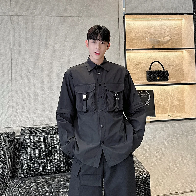 

Мужские свободные повседневные уличные рубашки со съемными карманами, модные черно-белые рубашки-карго с длинными рукавами, женские блузки большого размера