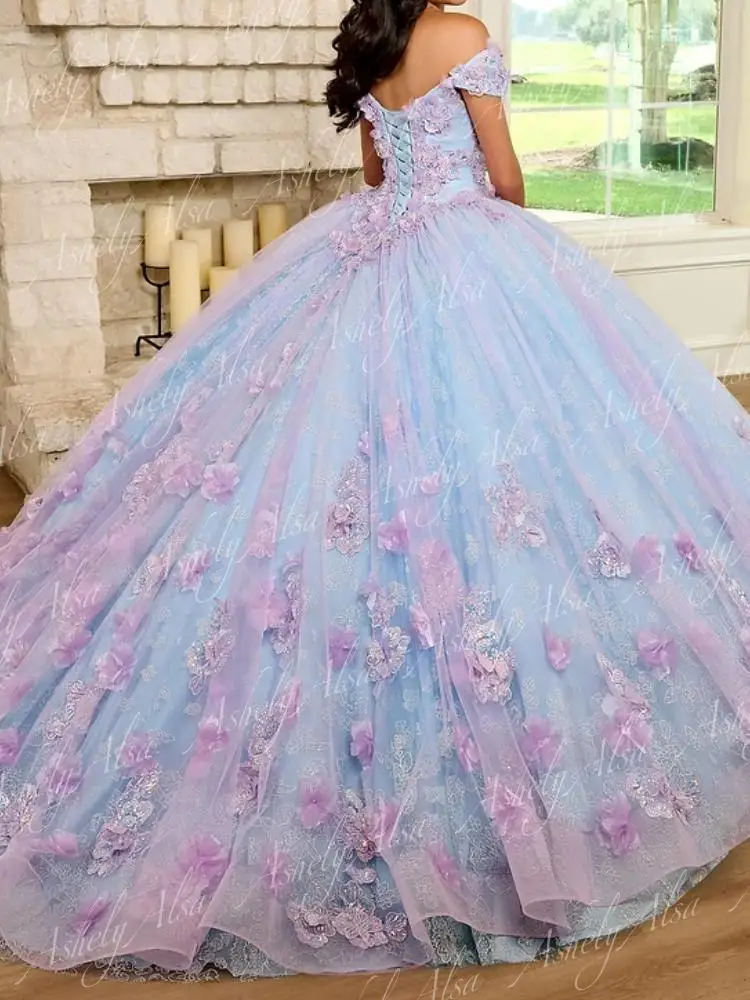 AQ116 ที่กําหนดเอง Vestido De xv Quinceanera V คอดอกไม้ Applique Puffy กระโปรงผู้หญิงปาร์ตี้ชุดพรหมหวาน 15 16 ชุด