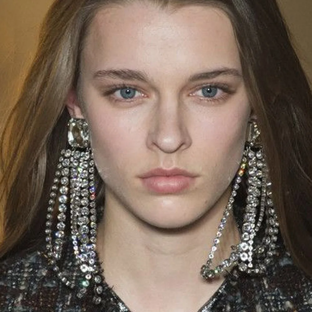 Bridal Tassel Exaggerated Earrings for Women Wedding Accessories Fringe Rhinestone Big Dangle Earrings Fashion Brincos Jewelry