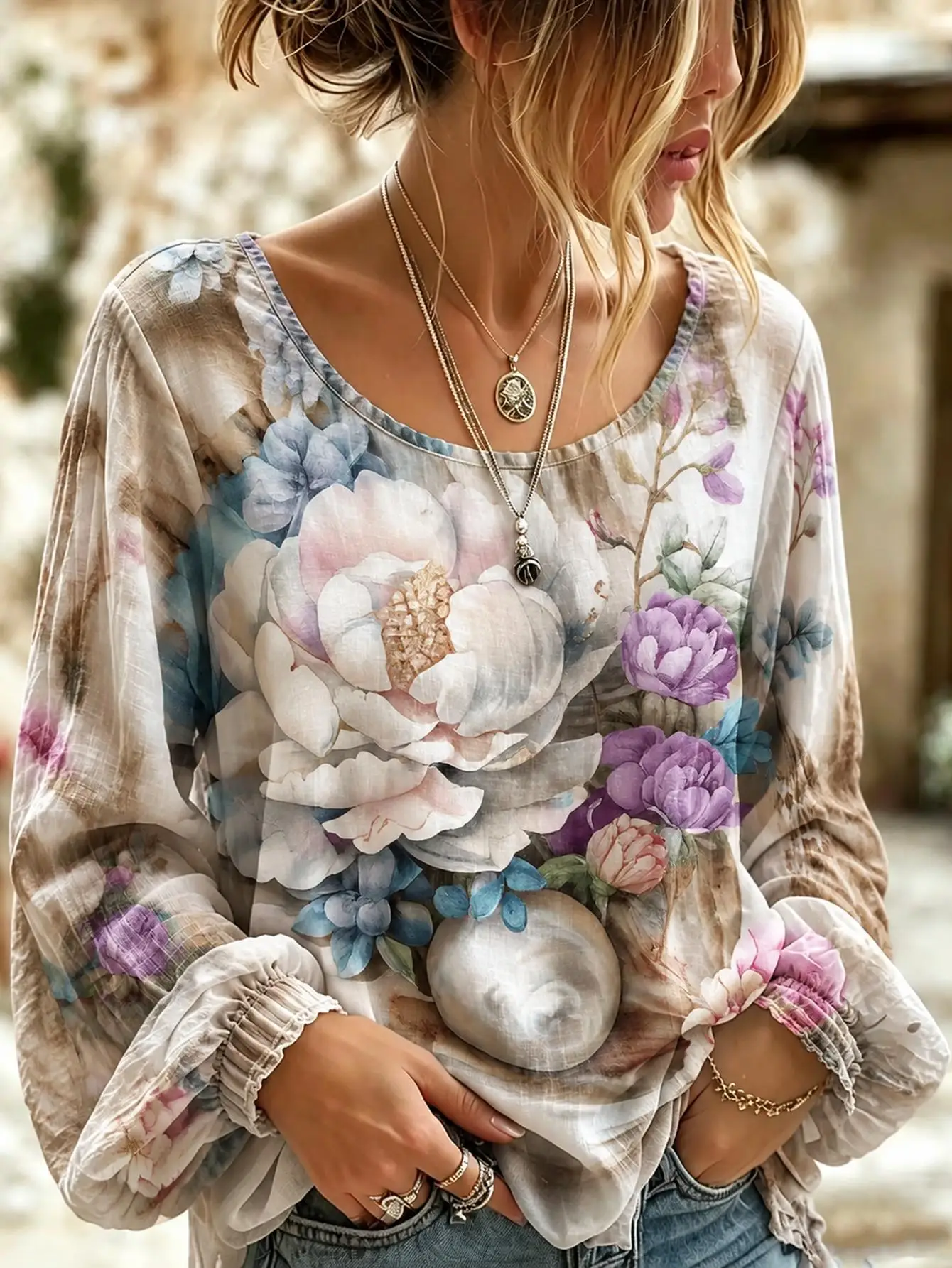 Women Plus Size Blouse 3D Floral Print Long Sleeve Loose Fit Casual Boho Tunic Top