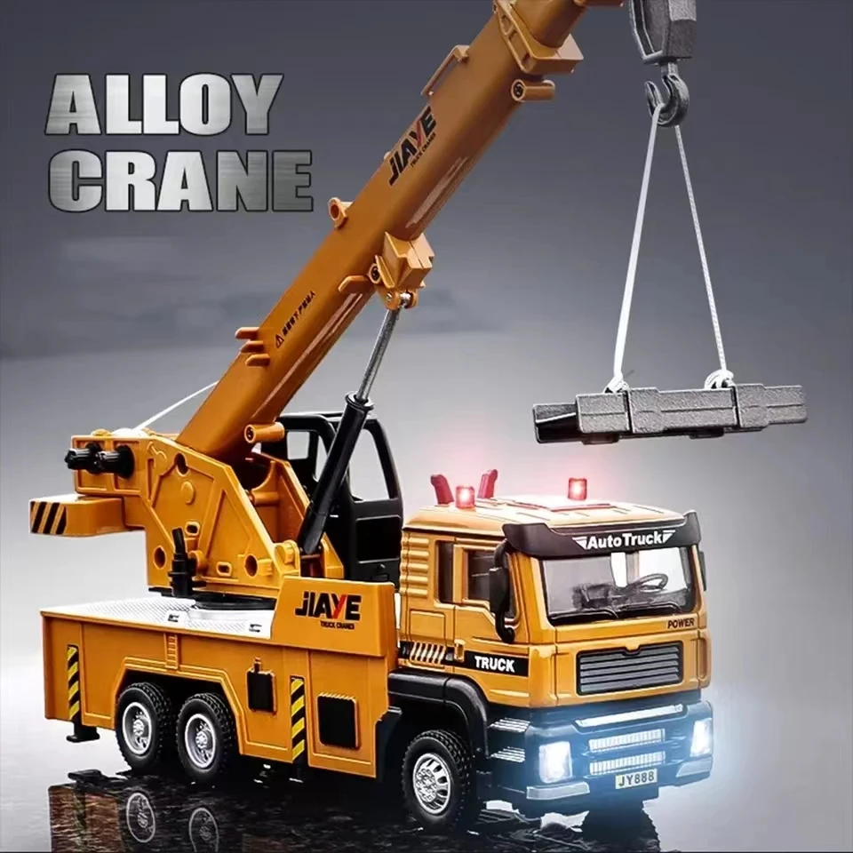 New 1/50 Crane Truck Model Toy Car Diecast Alloy Engineering Vehicle Sound Light Pull Back High Simulation Toy Kids Gift
