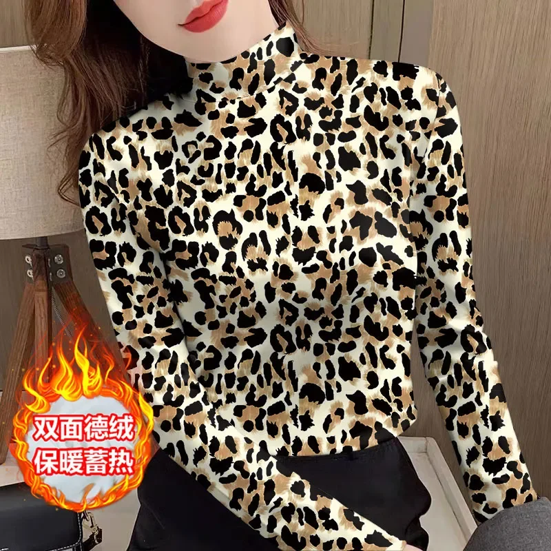 Autumn Winter Velvet Base Shirt Women Warm Half Turtle Neck Long Sleeve Fashionable Retro Leopard Print T-shirt