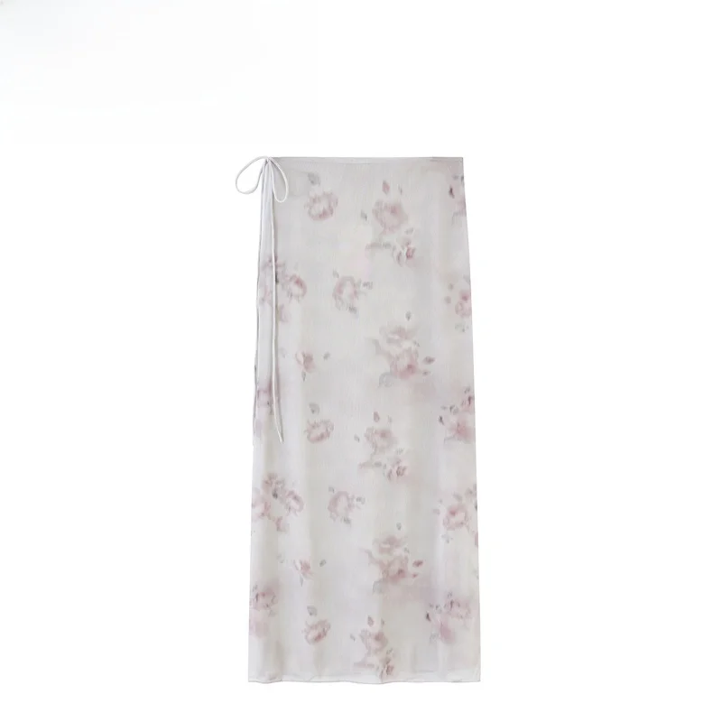 Fashionable Floral Silk Mesh Midi Skirt for Women Elegant Versatile Standard Fit Fairy Tale Style Printed Polyester Fiber