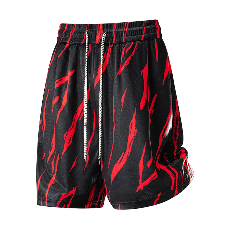 

M-8XL Men's Breathable Mesh Basketball Shorts With Red Flame Print Elastic Waist Drawstring Casual Gym Shorts