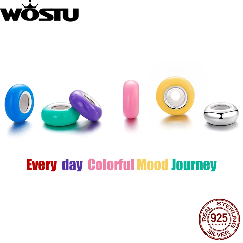 WOSTU 925 Sterling Silver Candy Colored Round Spacer Beads Heart Charms Pendant For Women Fit Original Bracelets DIY Necklace