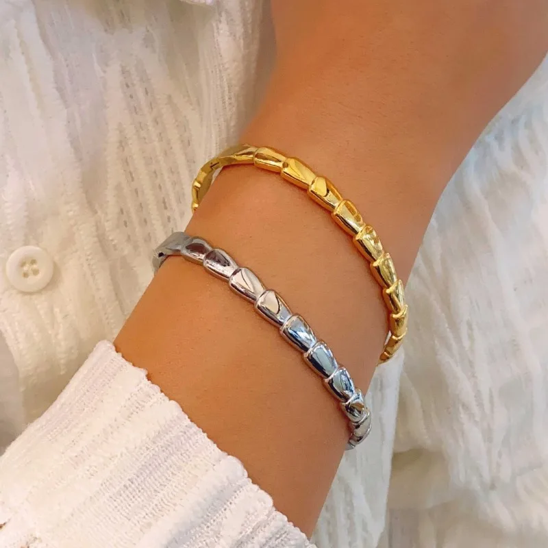Minimalist Segmented Link Hinged Bangle Stainless Steel Gold Plated Snap Closure Bracelet For Women Office Party Gift