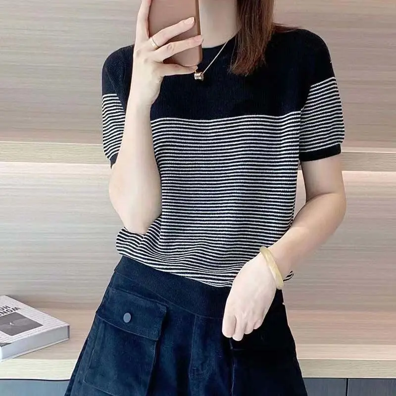 Korean Striped Knitted Pullovers Female Clothing Spliced Short Sleeve Summer Commute Casual Round Neck All-match Loose T-shirt