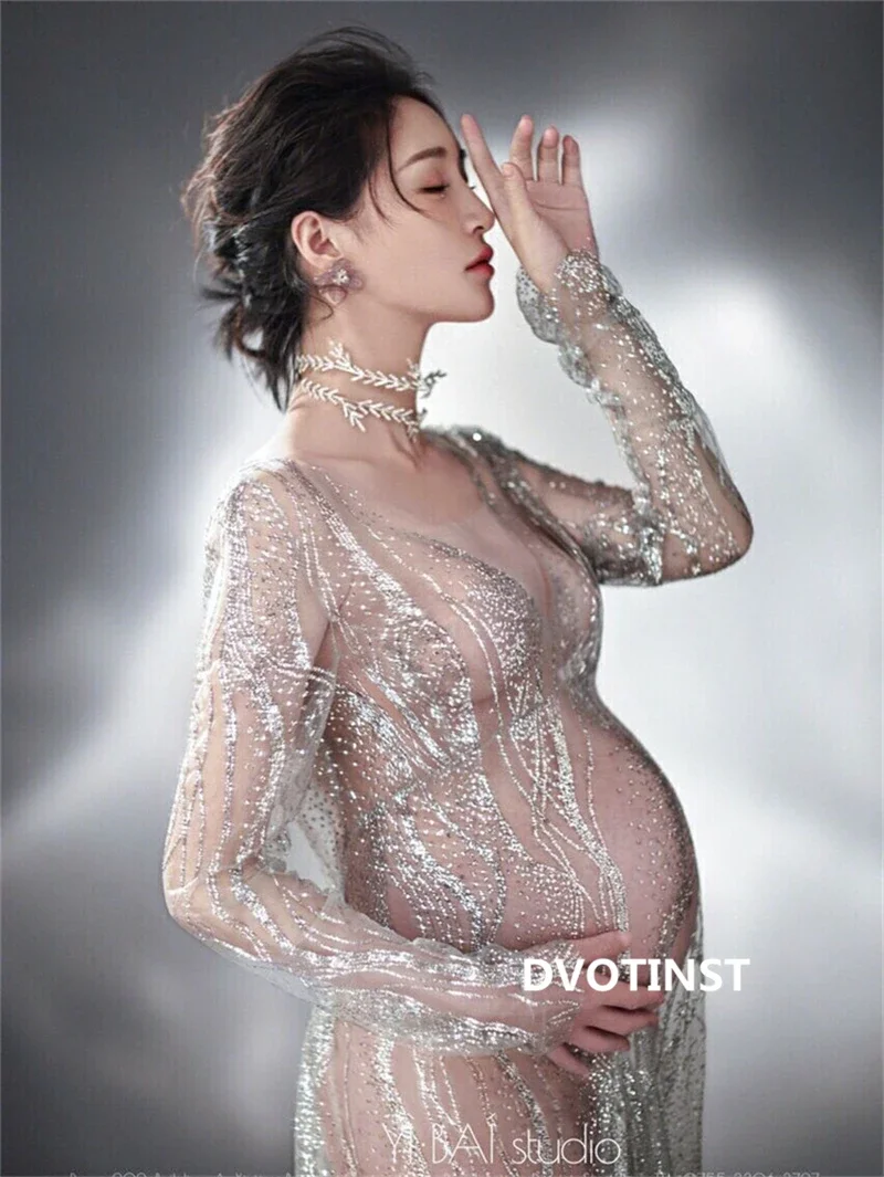 Women Photography Props Perspective Blingbling Maternity Dresses Full Sleeves Pregnancy Dress Studio Shoot Photo Props