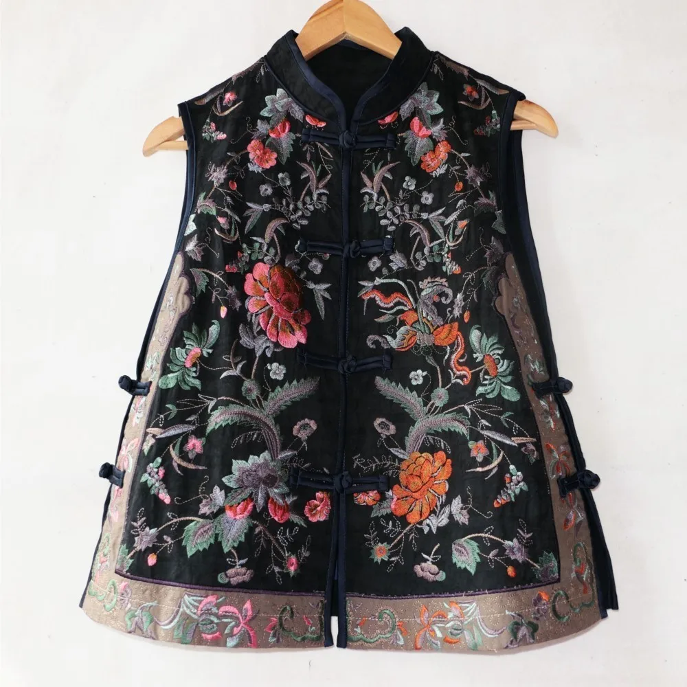 Full Embroidered Vest Cotton and Linen Buckle Side Open Chinese Ethnic Style  Clothing round Neck Single-Breasted