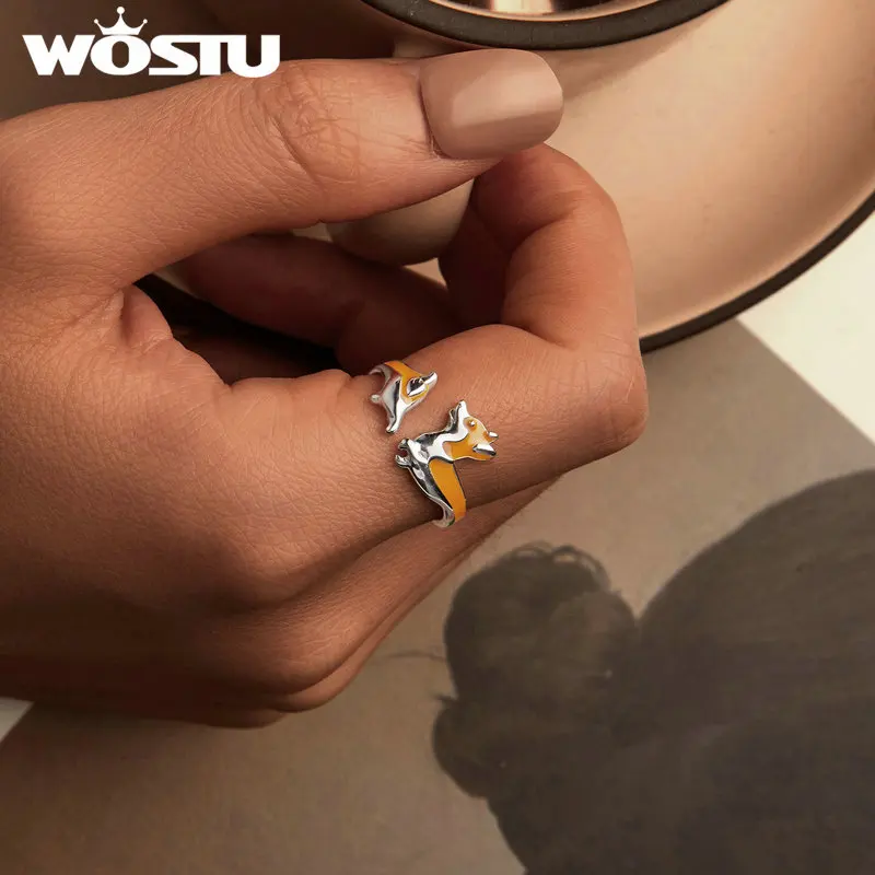 WOSTU 925 Sterling Silver Cute Yellow Corgi Dog Pet Opening Ring Girl Daily Wear Animal Adjustable Rings Gift For family Daugter