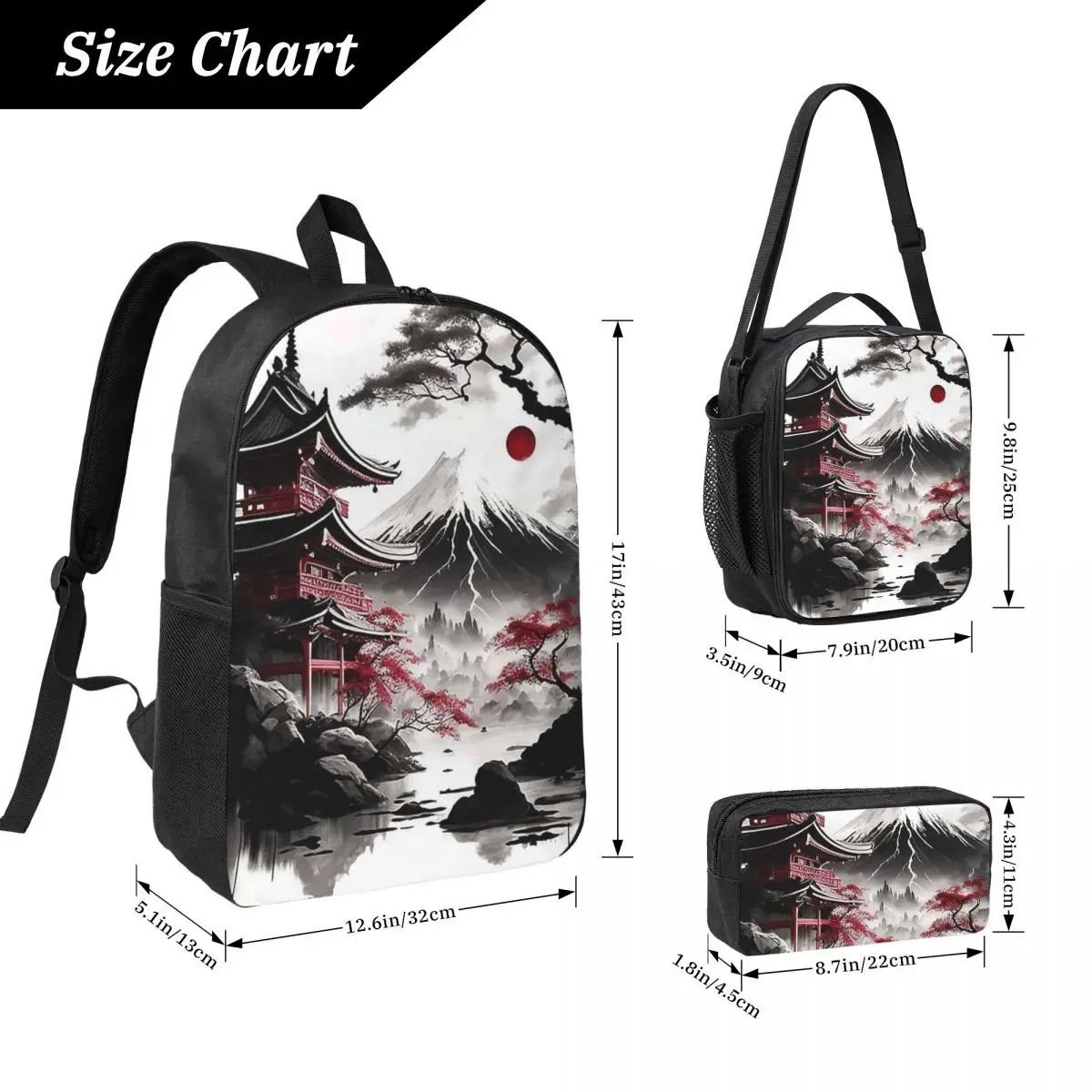 Japanese Ink Painting Mount Fuji Backpack Student BookBag School Bag Computer Shoulder Bags 3ps Insulated Lunch Bag Pencil Case