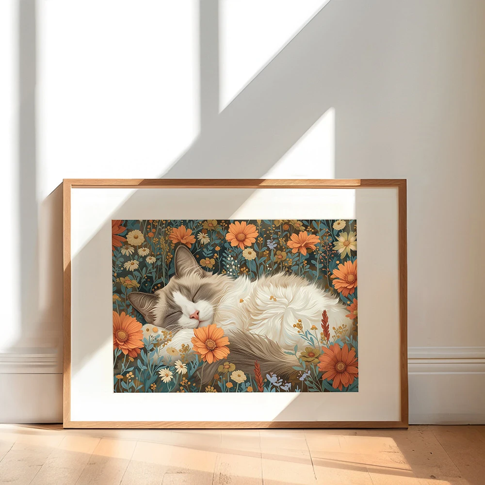 Funny Boho Ragdoll Cat With Flowers Canvas Painting Cat Lover Gifts Kitchen Wall Art Picture for Living Room Home Decor Poster