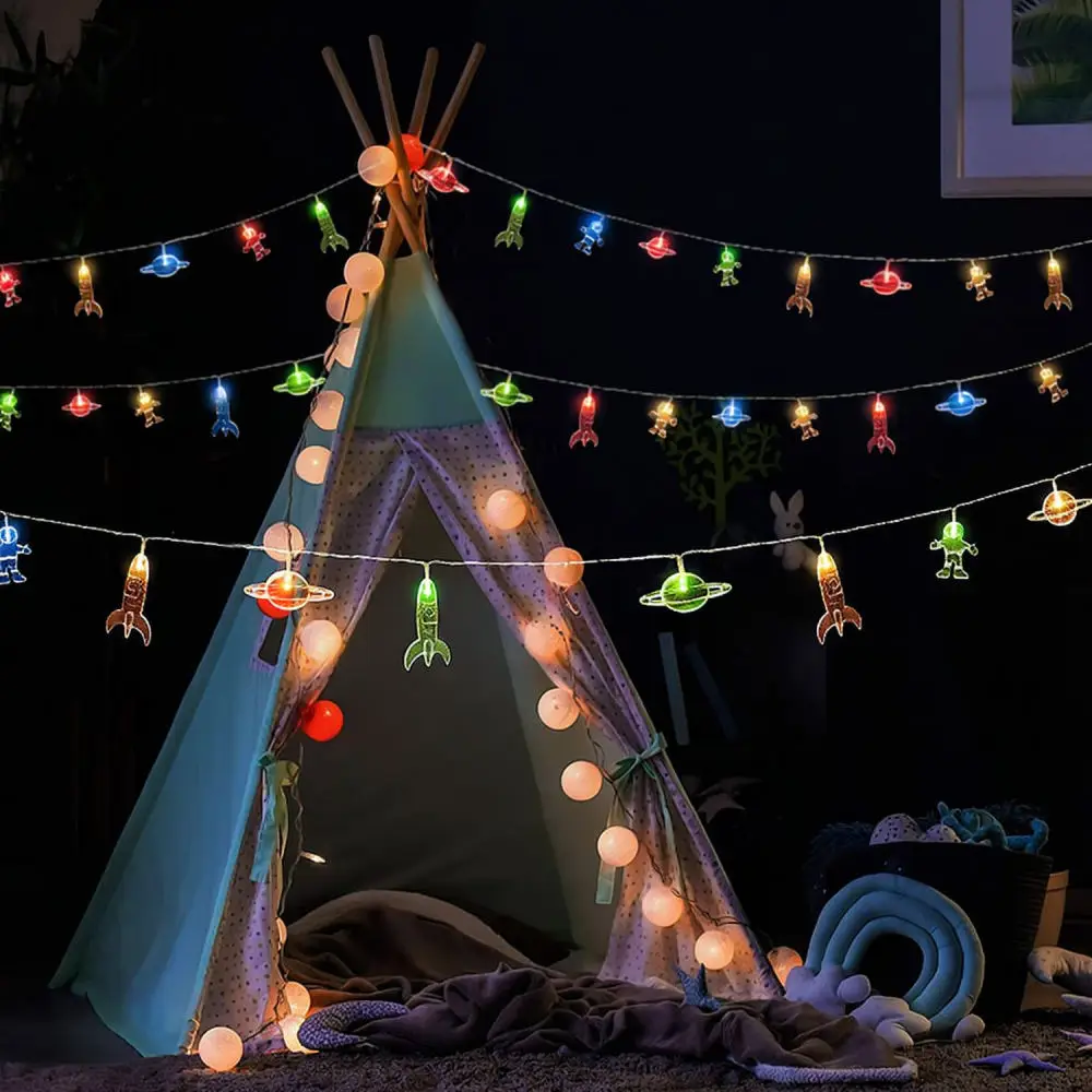Led Astronaut Rocket String Lights Battery Operated Fairy Garland For Children Bedroom Decoration Home Indoor Lamp