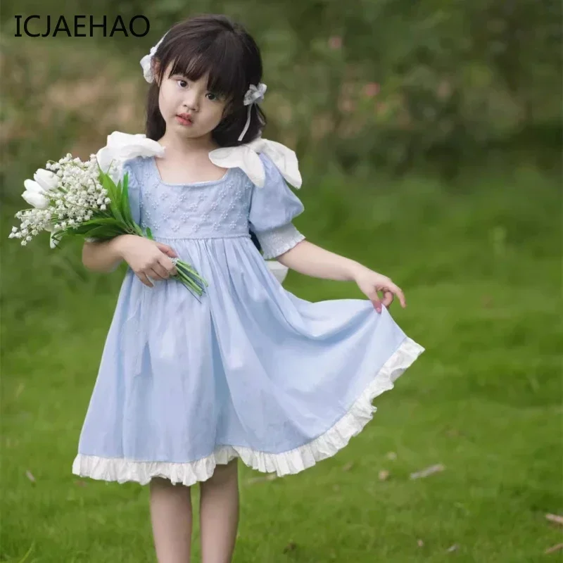 2025 Elegant Princess Frocks dresses Girls Embrodiery Outfit HandMade Big Bow Blue Dress Baby Kids Pearl Clothes Children Eid