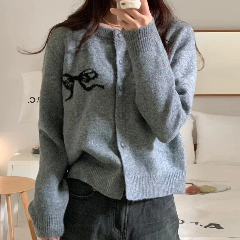 Cardigan Korea Chic Bow Embroidery Knitted Cardigans Fashion Single Breasted O-neck Sweater Knitwear Coat  2024 Spring Autumn