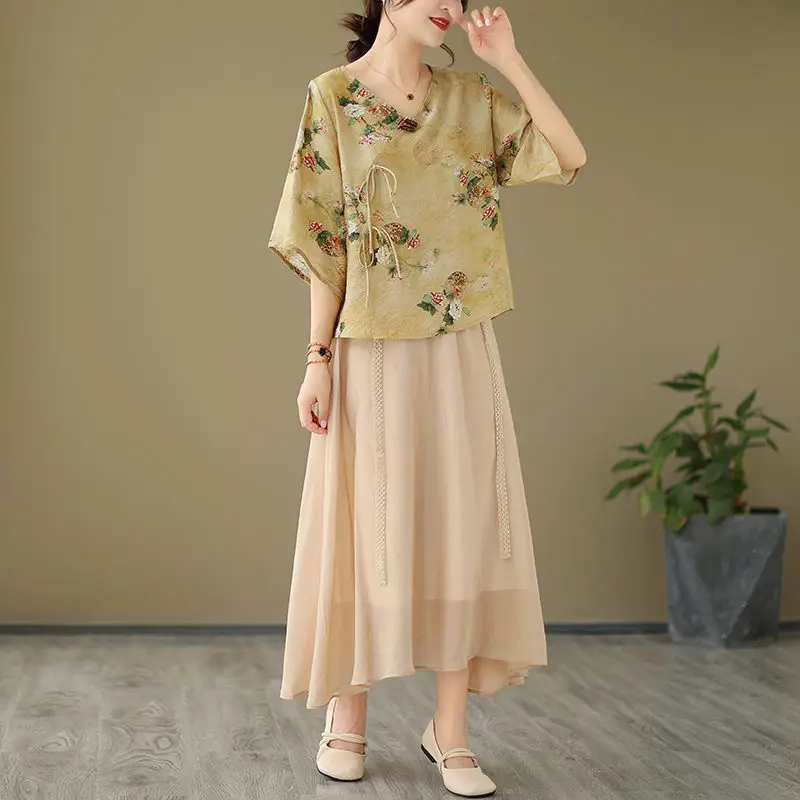 Fashion Retro Improvement Hanfu Suit Top New Chinese Women's Art Clothing Floral Printed Shirt And Skirt Two Piece Set Z1616