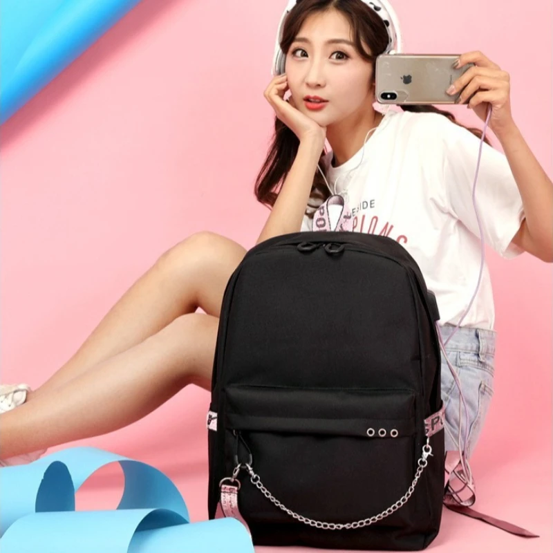 Teenagers Cute Schoolbag Shoulder Backpack Travel Backpack USB Charging Laptop Bagpack Black Large Capacity Splash-Proof