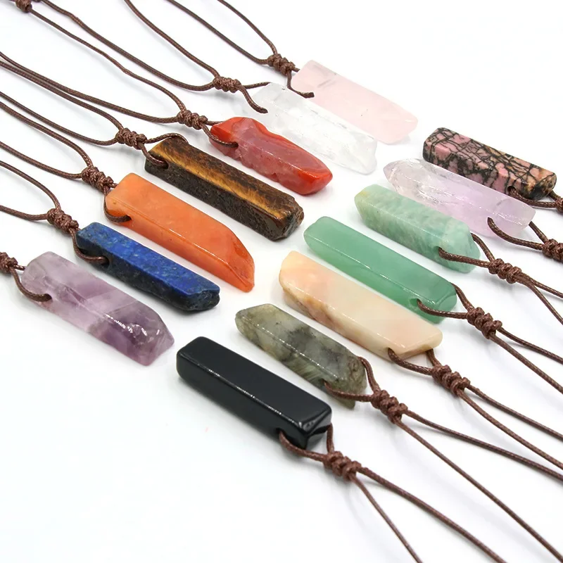 20pcs Free Rope Natural Stone Pendant Mineral Irregular Rectangle Quartz Amazonite Tiger Eye Lapsi Pink Crystal Healing Necklace