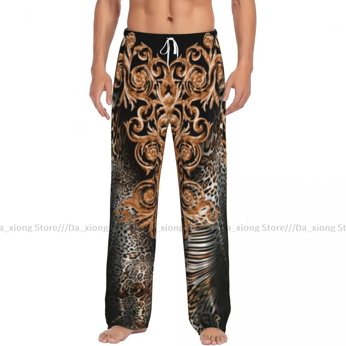 Men's Casual Pajama Sleeping Pants Baroque Leopard Pattern Lounge Loose Trousers Comfortable Nightwear