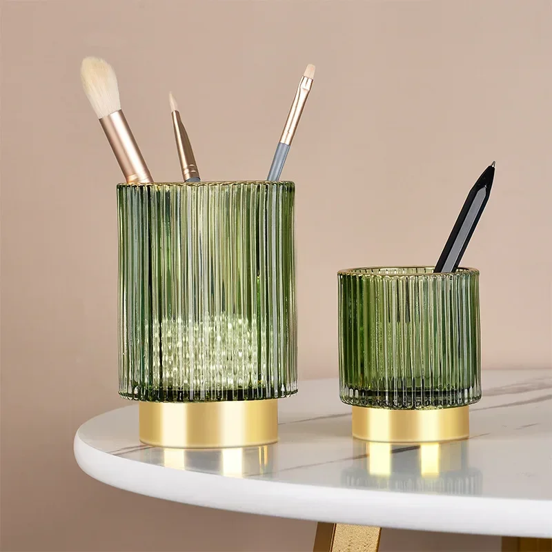 

Versatile Green Glass Storage Bucket with Gold Trim and Stripe Design Perfect for Makeup Pens and Flower Arrangements