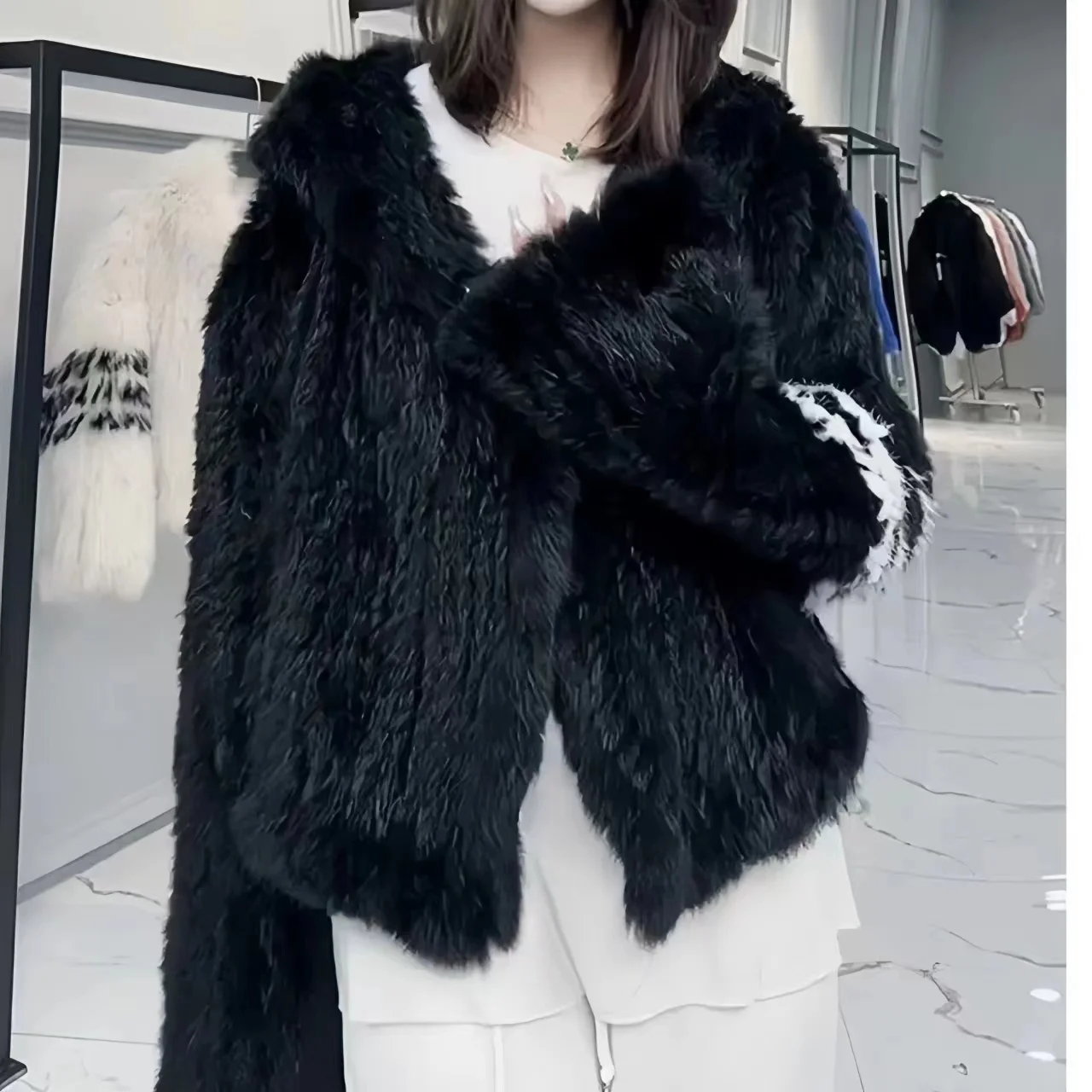 Real Rex Rabbit Fur Coat Women，Hooded Thick Warm Loose Jacket，Open Stitch High Quality Overcoat Female Clothing，Winter， New