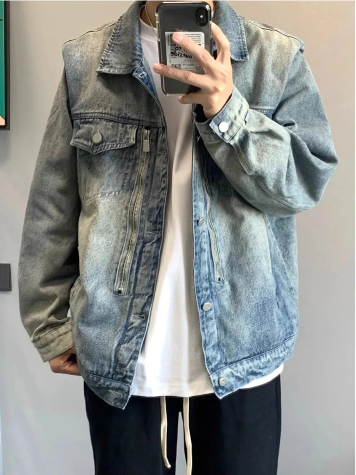 

Мужская джинсовая куртка в американском уличном стиле, свободного кроя, винтажная, с воротником, повседневная одежда для молодежи, весна-осень-зима