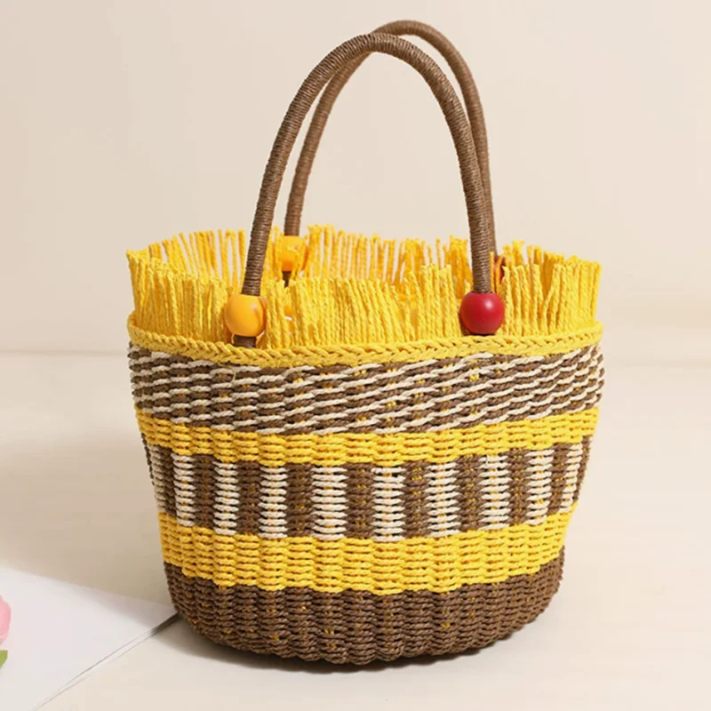 

Cute colored wooden beads, portable straw bag, new twill loose edge woven bag, portable vegetable basket bag, women's bag