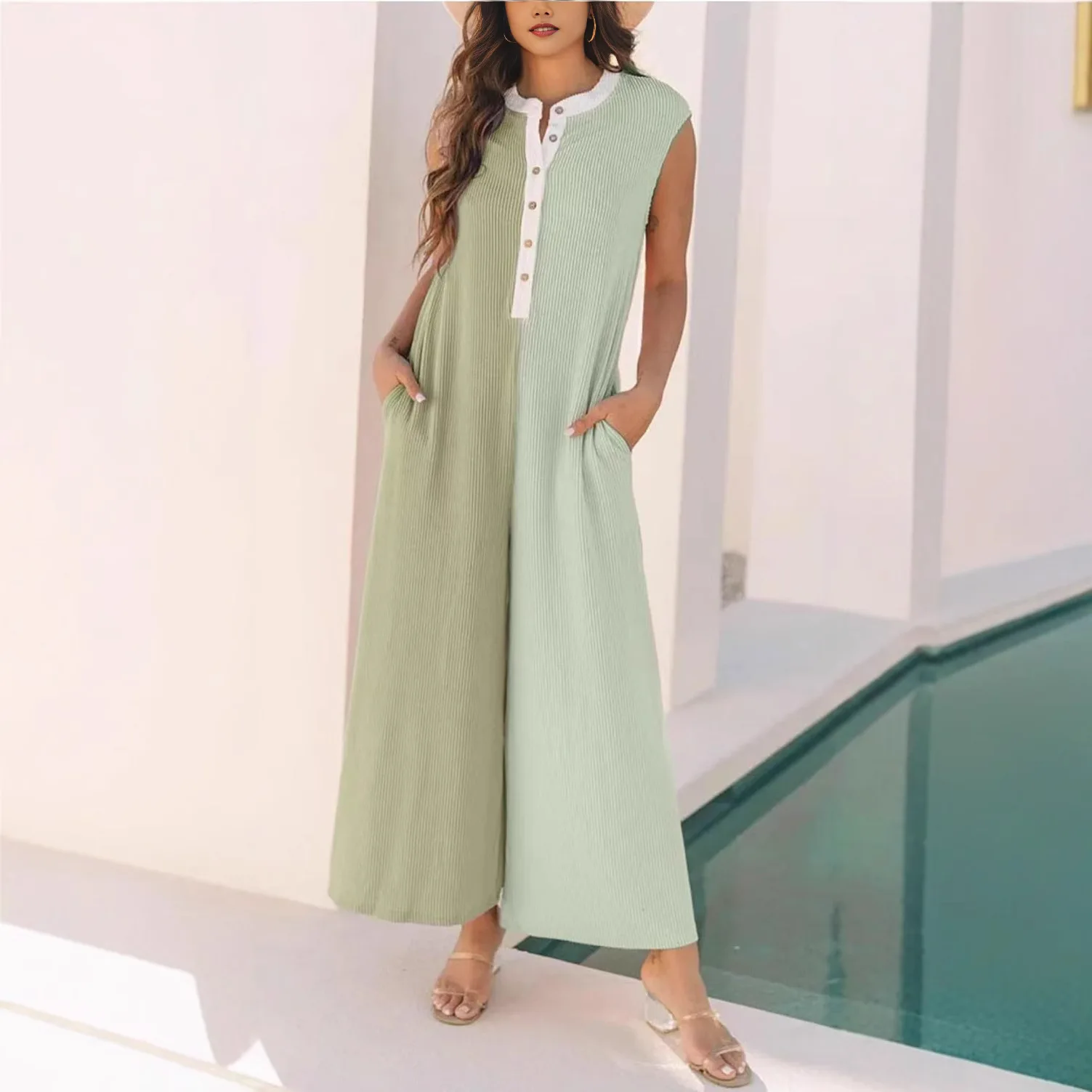 

Spring Summer Color Block Sleeveless Jumpsuit Women's Loose Wide Leg Pants Playsuit Overalls Casual Loungewear Outfits