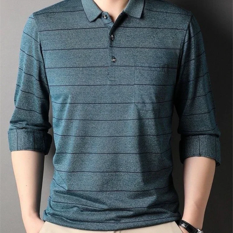 Autumn Men Long Sleeve Polo Shirt Dad Style Loose Fit Collared Top Tee