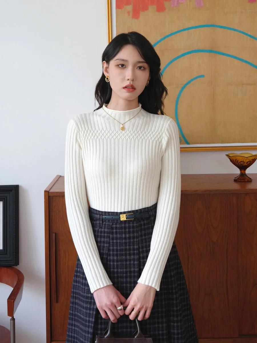

White f-High Collar Knitted Sweater Women's Sle 2025 New Outerwear Inner Match Polyester Fiber Long Sve Regular Length