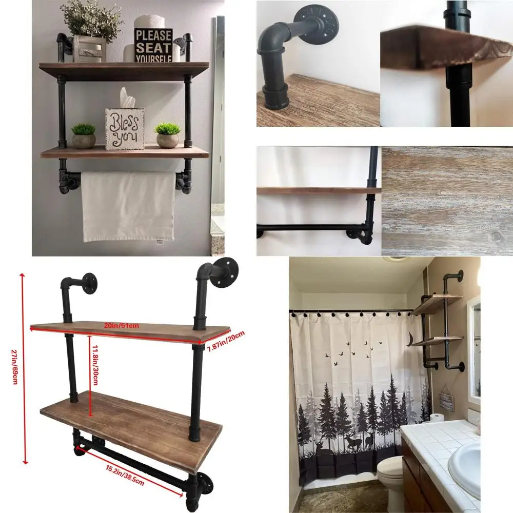 

Rustic 2-Tier Metal Pipe Towel Rack with Floating Shelves and Wall Mount Bar for Industrial Bathroom Style