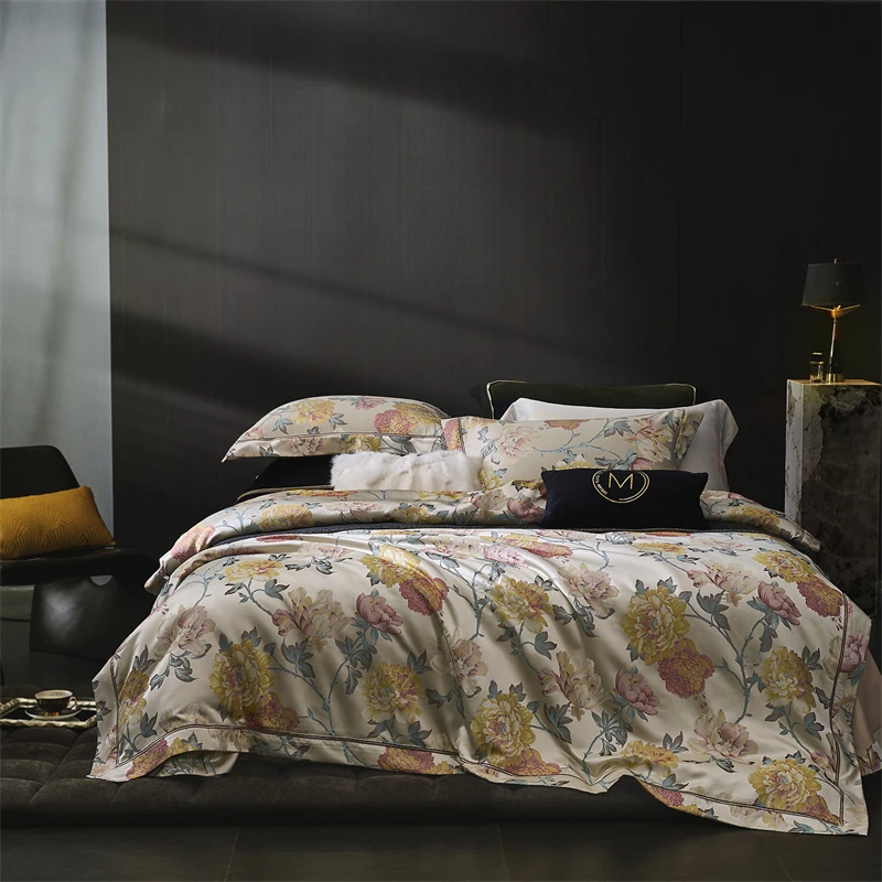 High-End Jacquard Egyptian Cotton Bedding Set Vintage Floral Pattern Silky SatinUltra Soft Duvet Cover Set Bed Sheet Pillowcases