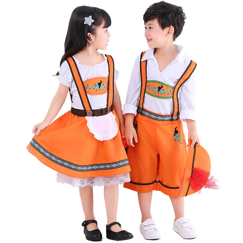 

Oktoberfest Children's Orange Bib Skirt Costume German Bavaria Beer Festival Boys Girls Stage Cosplay Performance Costume Suits