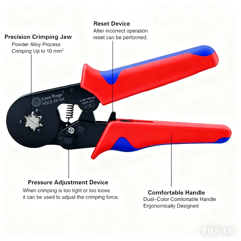 كماشة تجعيد الطويق HSC8 10-6 - مكشكش طرفي معزول بالضغط البارد الاحترافي للإصلاحات المنزلية والكهربائية