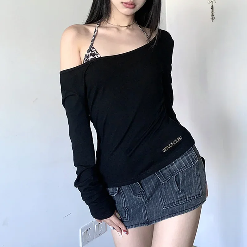 Sexy Off Schulter Schwarz Tees Frauen Koreanische Mode Slash Neck Lange-Ärmeln T Shirts Damen Frühjahr Neue Feste Slim fit Crop Top