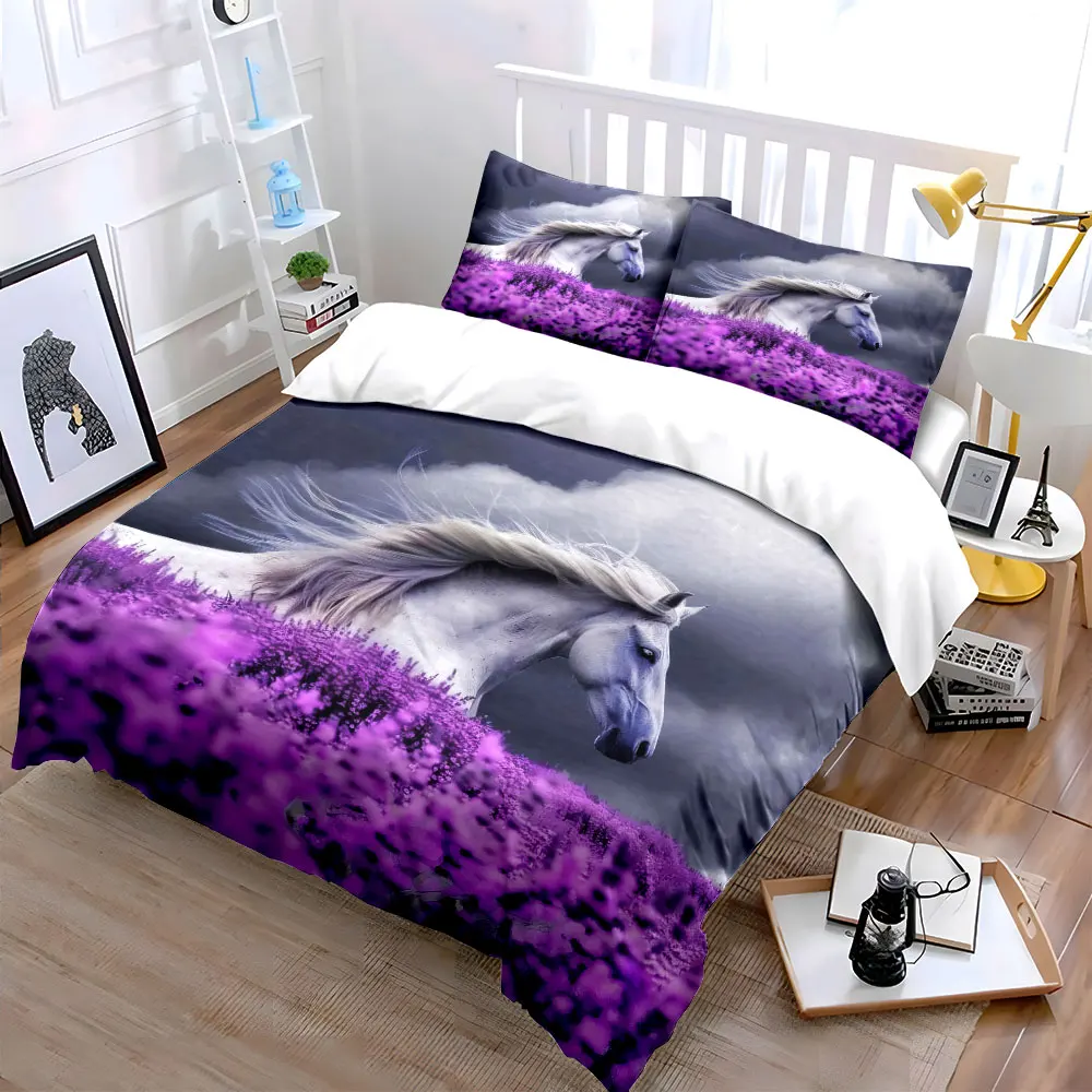 

Lavender Horse Landscape Décor Bedding Set with 1 Duvet Cover 2 Pillowcases Single Double King Queen, Gift