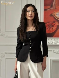 ClacMarkets-Chemise noire à manches longues et col carré pour femme, élégante, classique, solide, à la mode, pour bureau