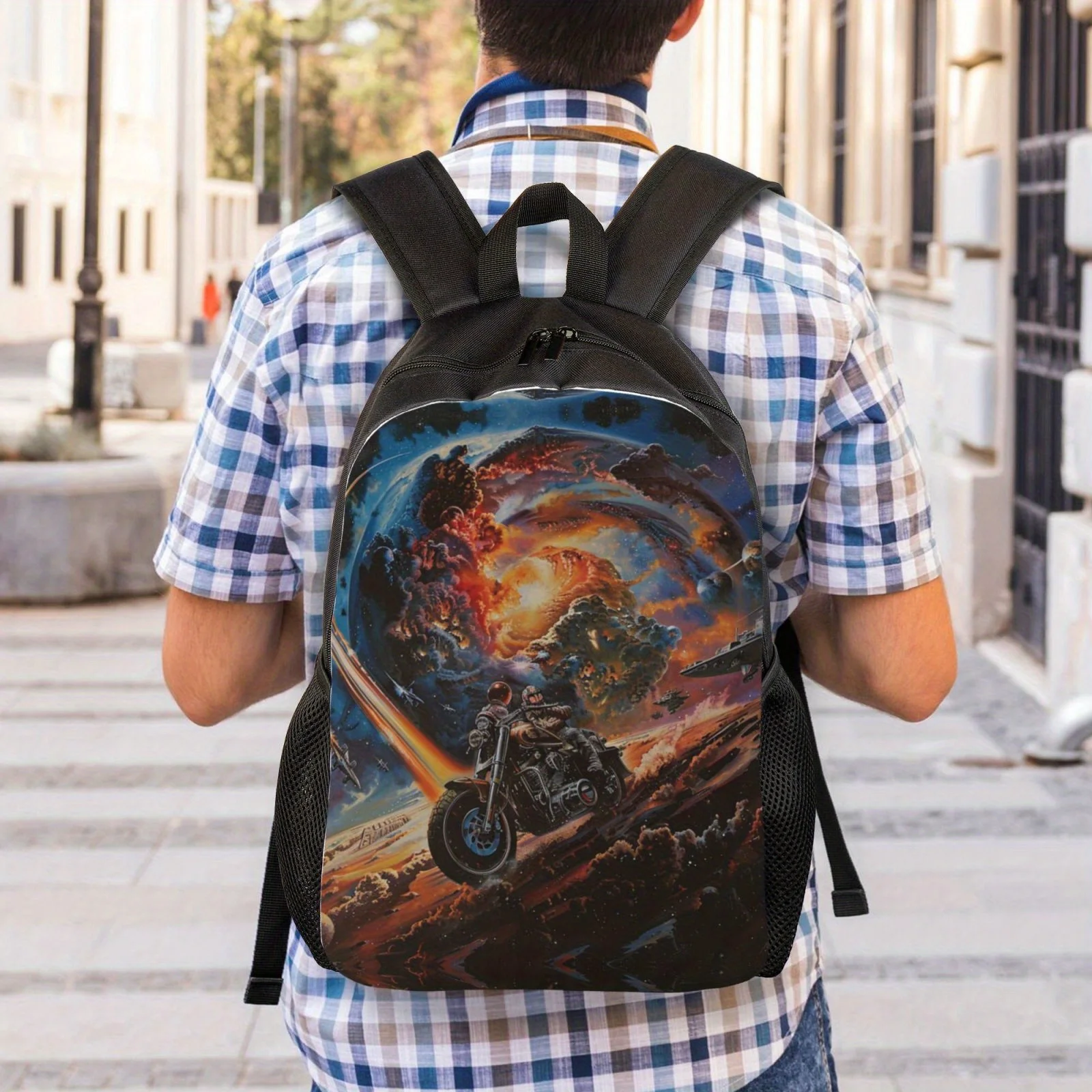 Apocalypse and Motorcycle Print Lightweight Adjustable Black Backpack, Unisex, High School and College Book Bag