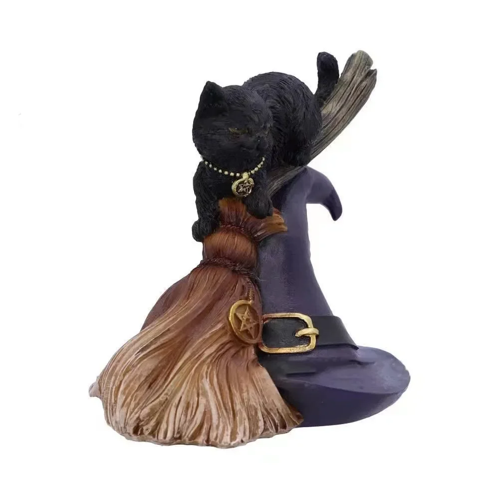 Halloween Bewitched Black Cat Resin Ornament Spooky Mystical Handcrafted Witch Decor Elegant Halloween Cat Sculpture Home Window