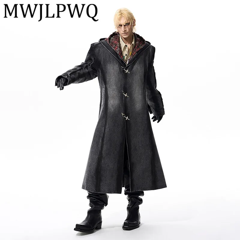 

MWJLPWQ Metal Buckle Mid-Length Denim Trench For Men Autumn Winter High Street Long Sleeve Hooded Padded Shoulder Long Top 12309