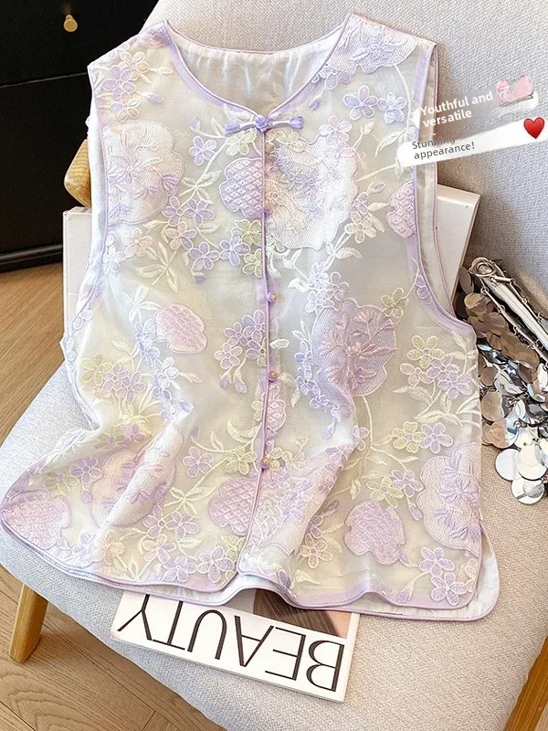 

Новый китайский женский тюнет-жилет, лето 2025, круглый легкий топ на пуговицах с вышивкой и цветочным узором