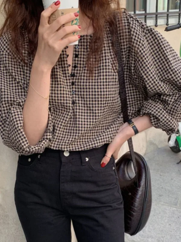 

Chic Gentle Lady irt Spring Autumn Plaid Long Sve Women's irt Vintage Sle Casual Comfortable Fit Button up