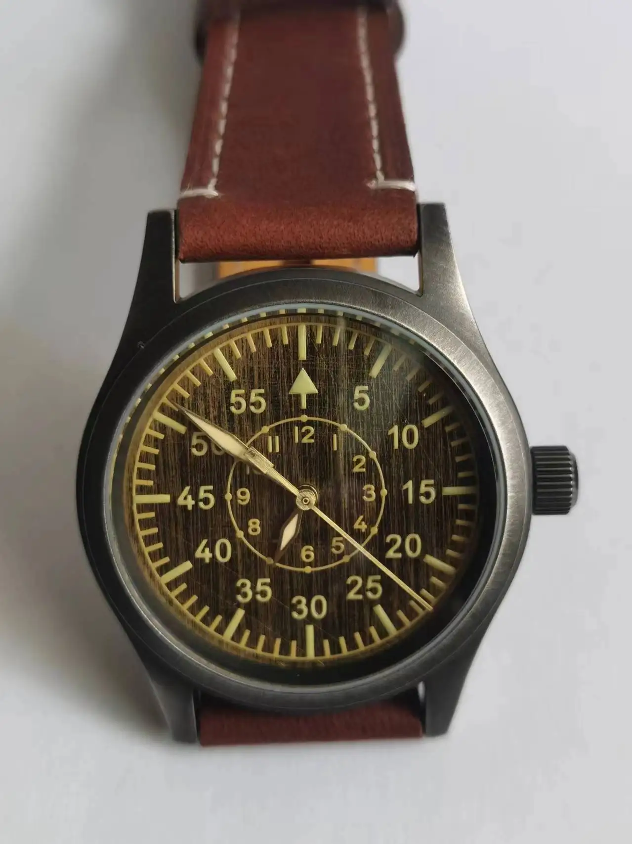 38MM pilot watch with Super BGW9 luminous Stainless steel case  Double R K1 crystal High grade Genuine leather strap