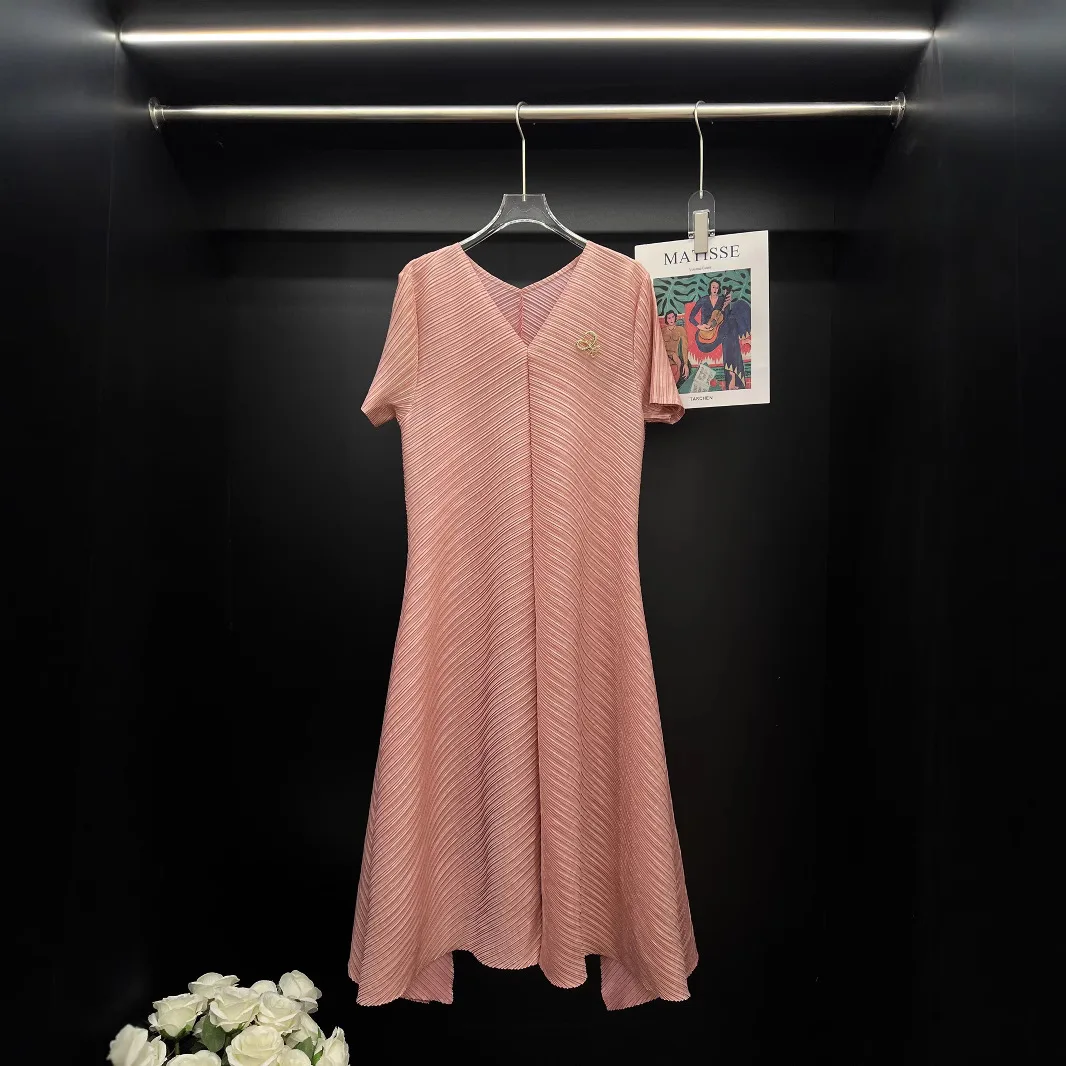 ALSEY 三宅 V ネック無地半袖プリーツ女性のドレス 2025 夏の新ファッションカジュアル多用途デザインスカート