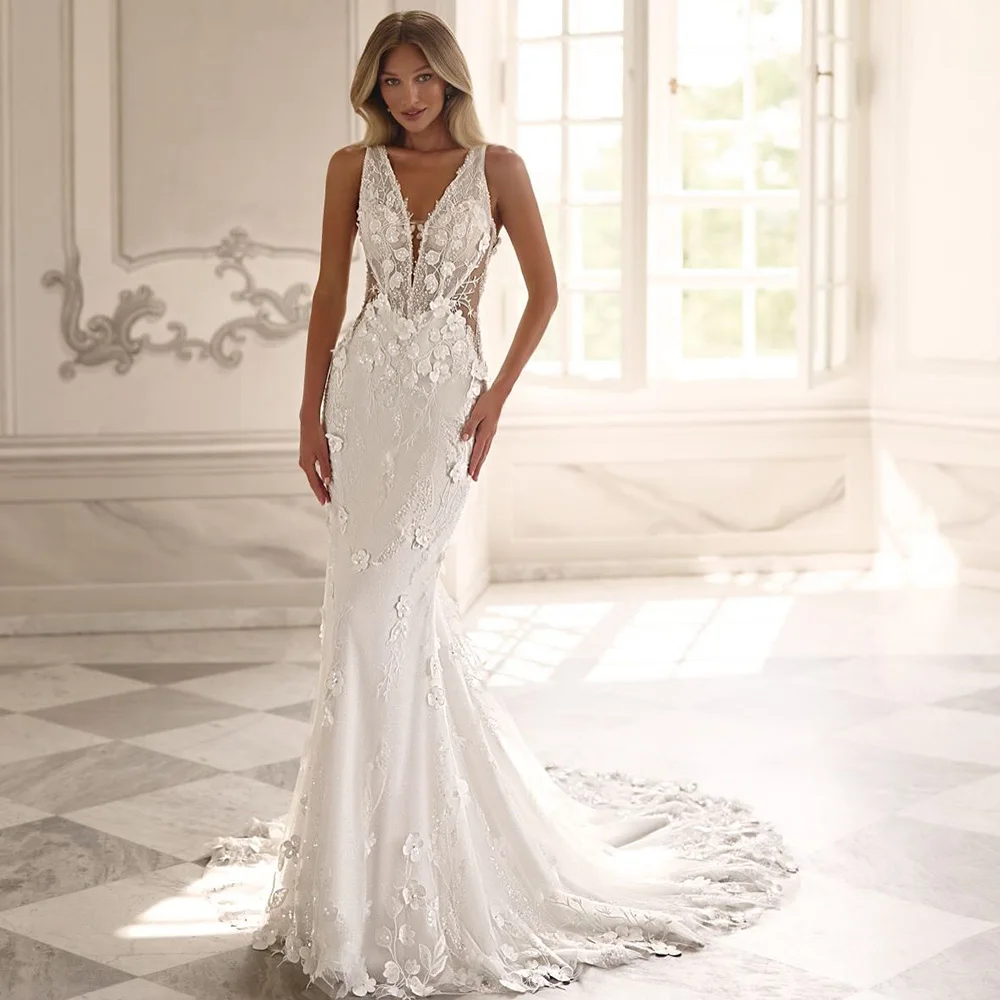 Customized Handmade Flowers and Beading Wedding Dress Elegant Mermaid Deep V-neck Bridal Gowns High Quality Tulle Robe de mariée
