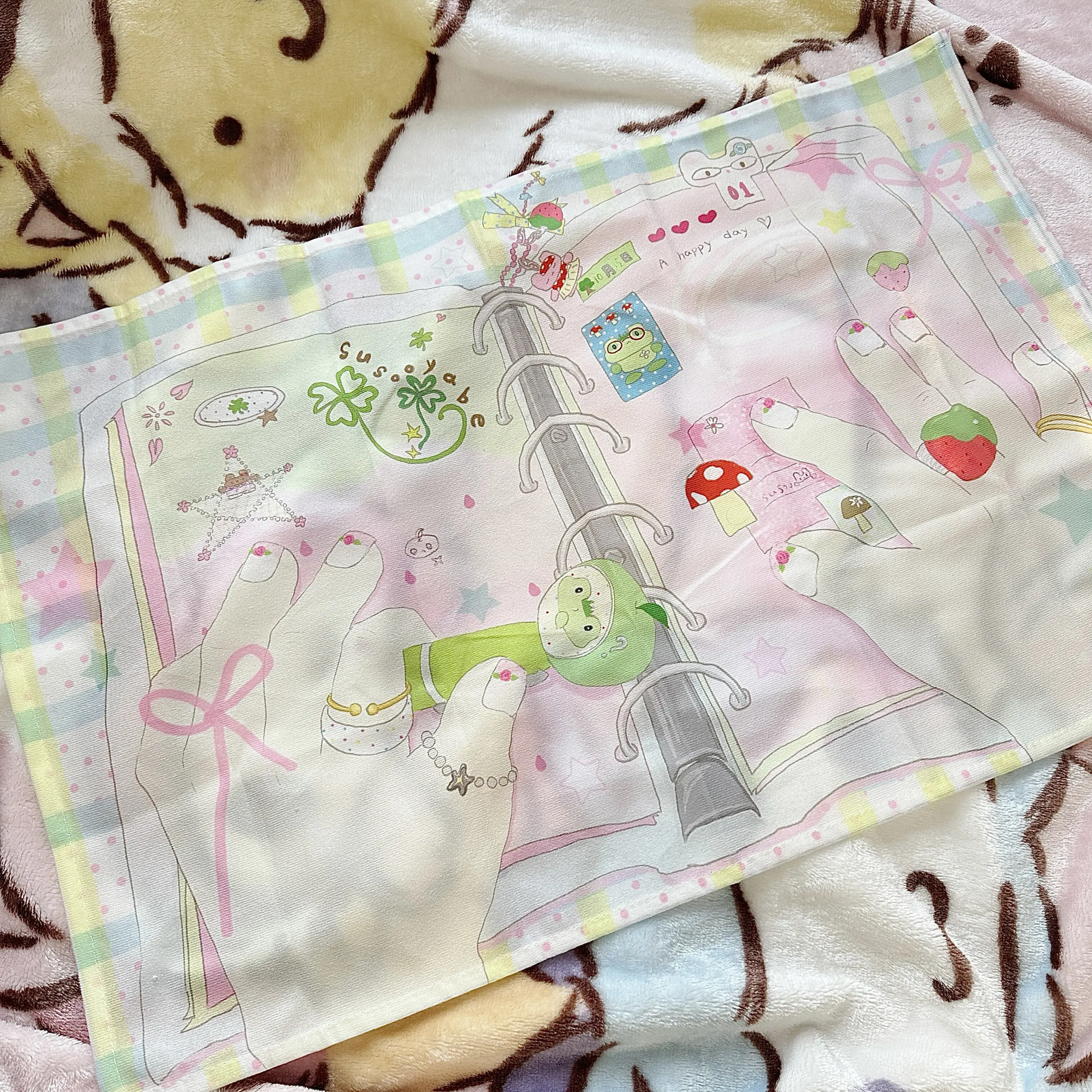 VIKAMA Cute Hand Journal Style Tapestry Pastel Pink Frog Strawberry Print Wall Hanging for Kids Bedroom Decor