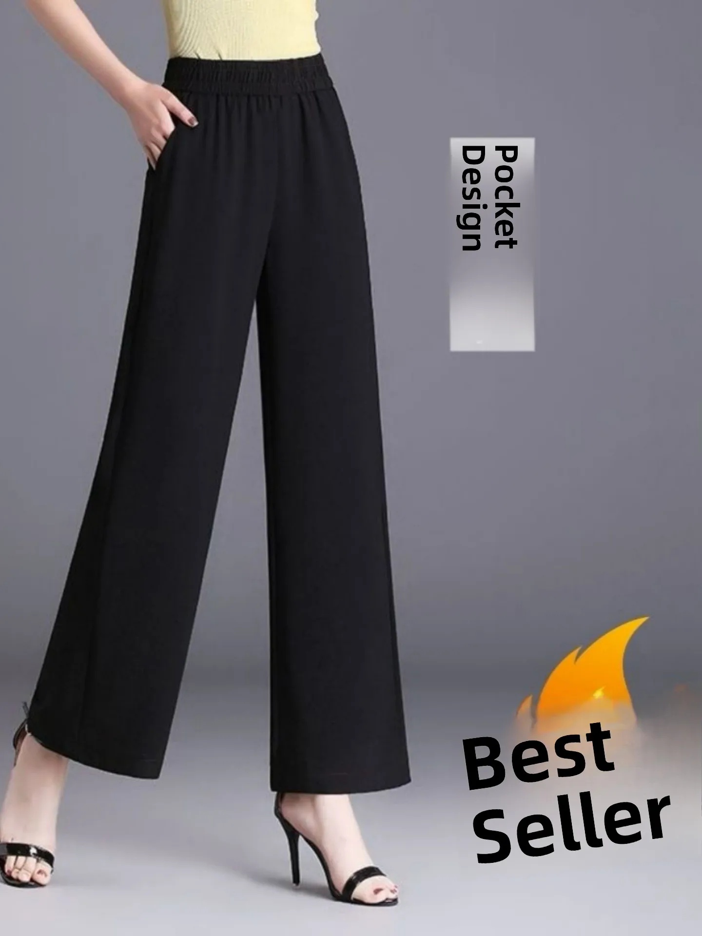 Women's Summer Thin Wide Leg Pants Draped Nine Points Straight Cut Elastic Waist Casual Black Cotton Trousers
